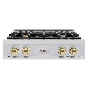 ZLINE Autograph Edition 30 in. Classic Gas Rangetop with 4 Burners and Porcelain Cooktop in Stainless Steel with Polished Gold Accents (RTZ-30-G)