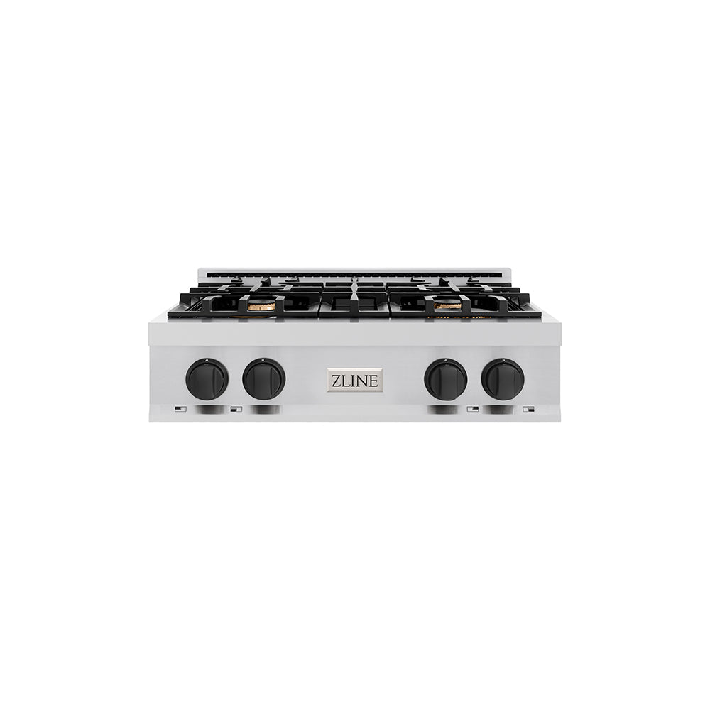 ZLINE Autograph Edition 30 in. Classic Gas Rangetop with 4 Burners and Porcelain Cooktop in Stainless Steel with Matte Black Accents (RTZ-30-MB)