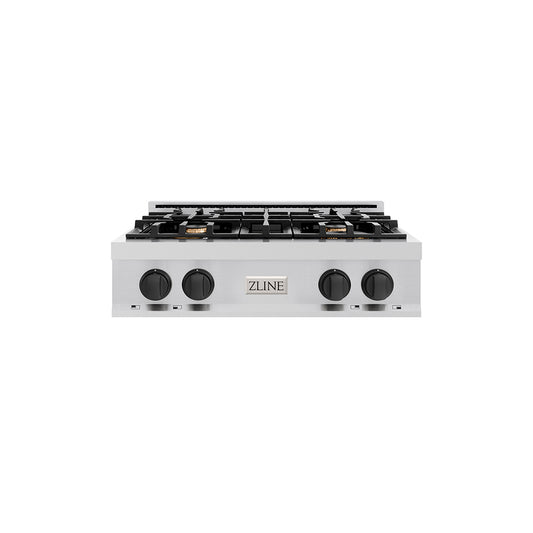 ZLINE Autograph Edition 30 in. Classic Gas Rangetop with 4 Burners and Porcelain Cooktop in Stainless Steel with Matte Black Accents (RTZ-30-MB) main image.