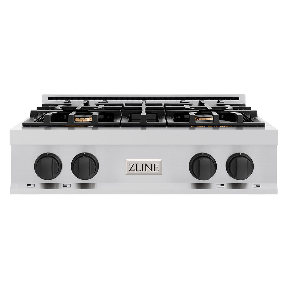 ZLINE Autograph Edition 30 in. Classic Gas Rangetop with 4 Burners and Porcelain Cooktop in Stainless Steel with Matte Black Accents (RTZ-30-MB)