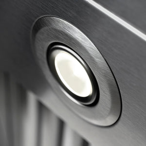 ZLINE 34 in. DuraMount™ Wall Mount Range Hood Insert in Stainless Steel (683-34) close-up of a LED light fixture.