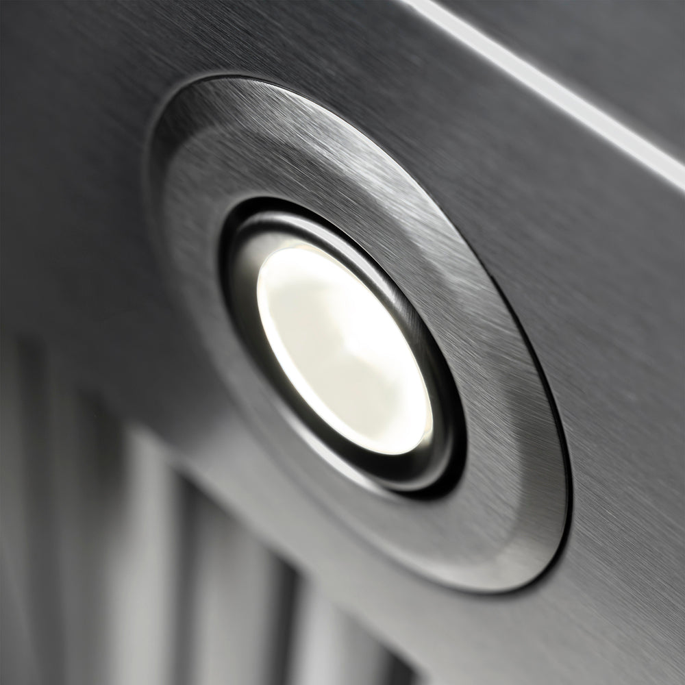 ZLINE 46 in. DuraMount™ Wall Mount Range Hood Insert in Stainless Steel (683-46) close-up of a LED light fixture.