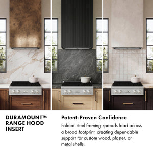 DuraMount™ Range Hood Insert Infographic. Image: Three kitchen scenes with DuraMount™ range hood inserts on different backsplash materials. Text: Patent-Proven Confidence. Folded-steel framing spreads load across a broad footprint, creating dependable support for wood, plaster, or metal shells.