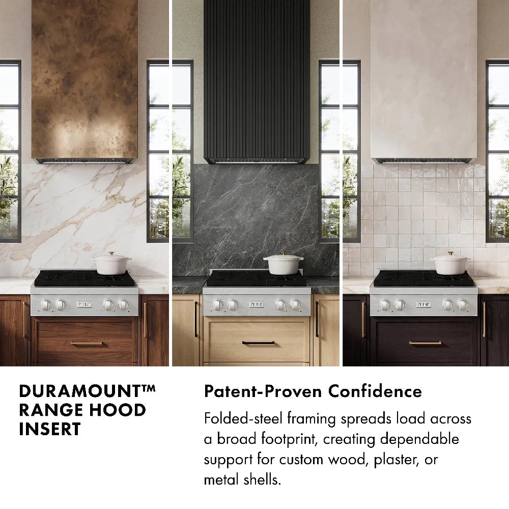 DuraMount™ Range Hood Insert Infographic. Image: Three kitchen scenes with DuraMount™ range hood inserts on different backsplash materials. Text: Patent-Proven Confidence. Folded-steel framing spreads load across a broad footprint, creating dependable support for wood, plaster, or metal shells.