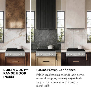 DuraMount™ Range Hood Insert Infographic. Image: Three kitchen scenes with DuraMount™ range hood inserts on different backsplash materials. Text: Patent-Proven Confidence. Folded-steel framing spreads load across a broad footprint, creating dependable support for wood, plaster, or metal shells.