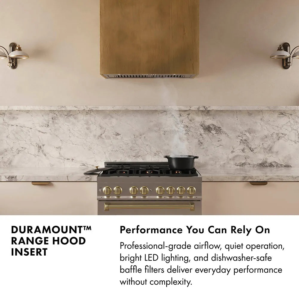 DuraMount™ Range Hood Insert Infographic. Image: Designer kitchen with DuraMount™ range hood insert and custom range hood. Text: Performance You Can Rely On. Professional-grade airflow, quiet operation, bright LED lighting, and dishwasher-safe baffle filters, deliver everyday performance without complexity.