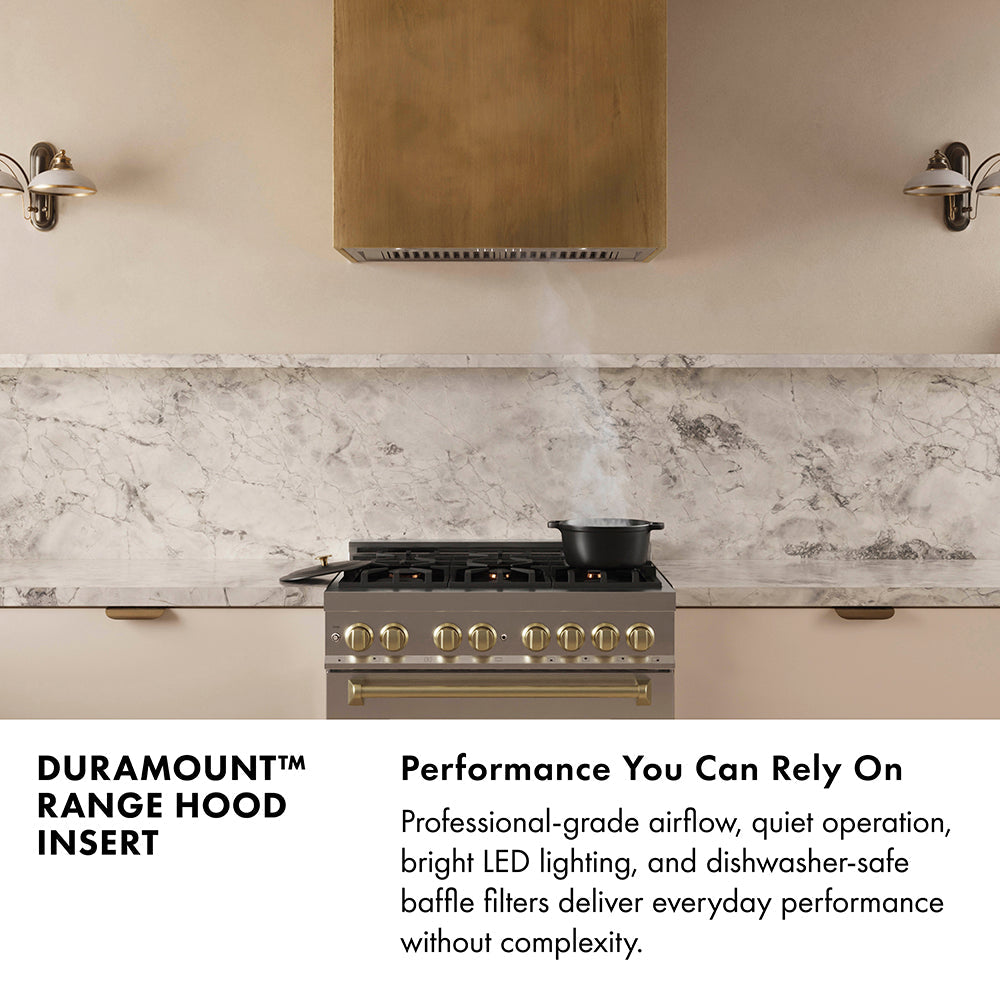 DuraMount™ Range Hood Insert Infographic. Image: Designer kitchen with DuraMount™ range hood insert and custom range hood. Text: Performance You Can Rely On. Professional-grade airflow, quiet operation, bright LED lighting, and dishwasher-safe baffle filters, deliver everyday performance without complexity.