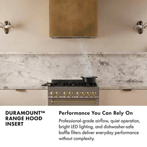 DuraMount™ Range Hood Insert Infographic. Image: Designer kitchen with DuraMount™ range hood insert and custom range hood. Text: Performance You Can Rely On. Professional-grade airflow, quiet operation, bright LED lighting, and dishwasher-safe baffle filters, deliver everyday performance without complexity.