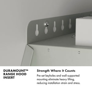 DuraMount™ Range Hood Insert Infographic. Image: Pre-set keyholes. Text: Strength Where It Counts. Pre-set keyholes and wall-supported mounting eliminated heavy lifting, reducing installation strain and stress.