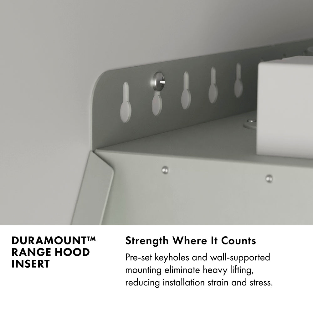 DuraMount™ Range Hood Insert Infographic. Image: Pre-set keyholes. Text: Strength Where It Counts. Pre-set keyholes and wall-supported mounting eliminated heavy lifting, reducing installation strain and stress.