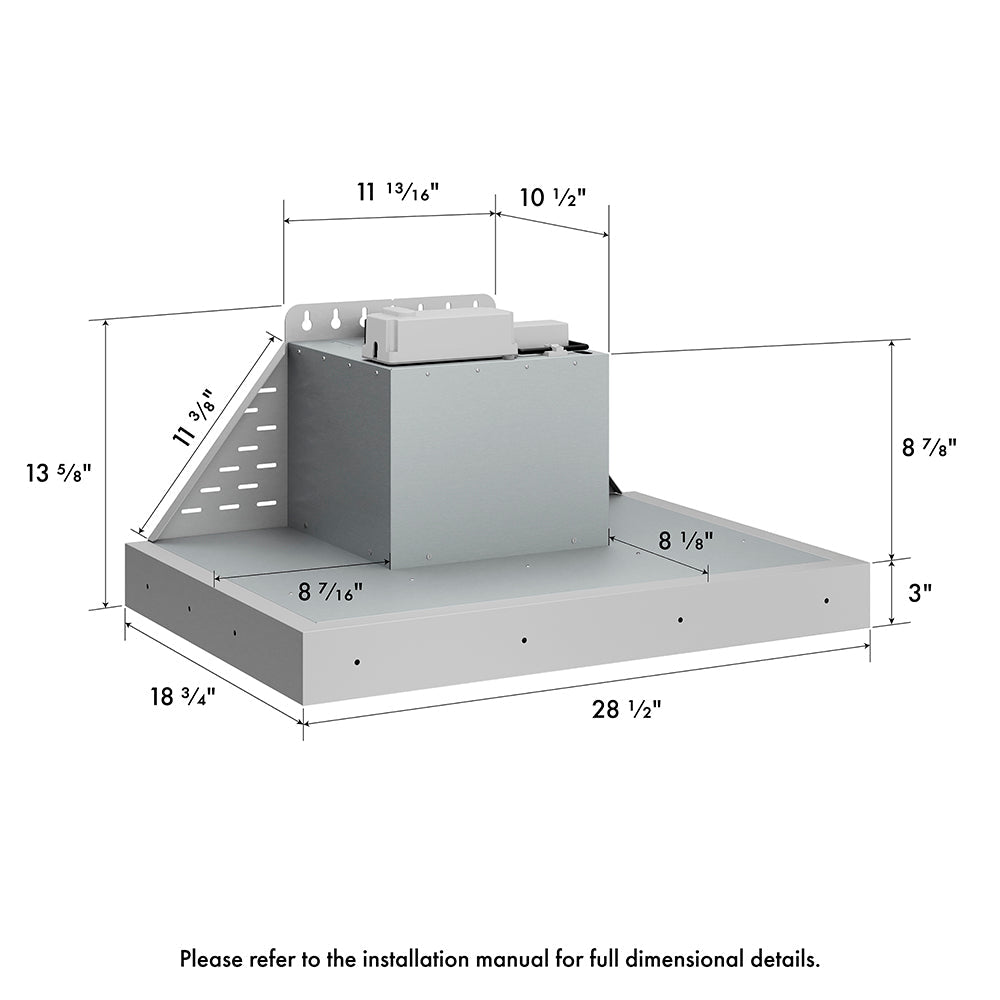 ZLINE 28 in. DuraMount™ Wall Mount Range Hood Insert in Stainless Steel (683-28) dimensional measurements.