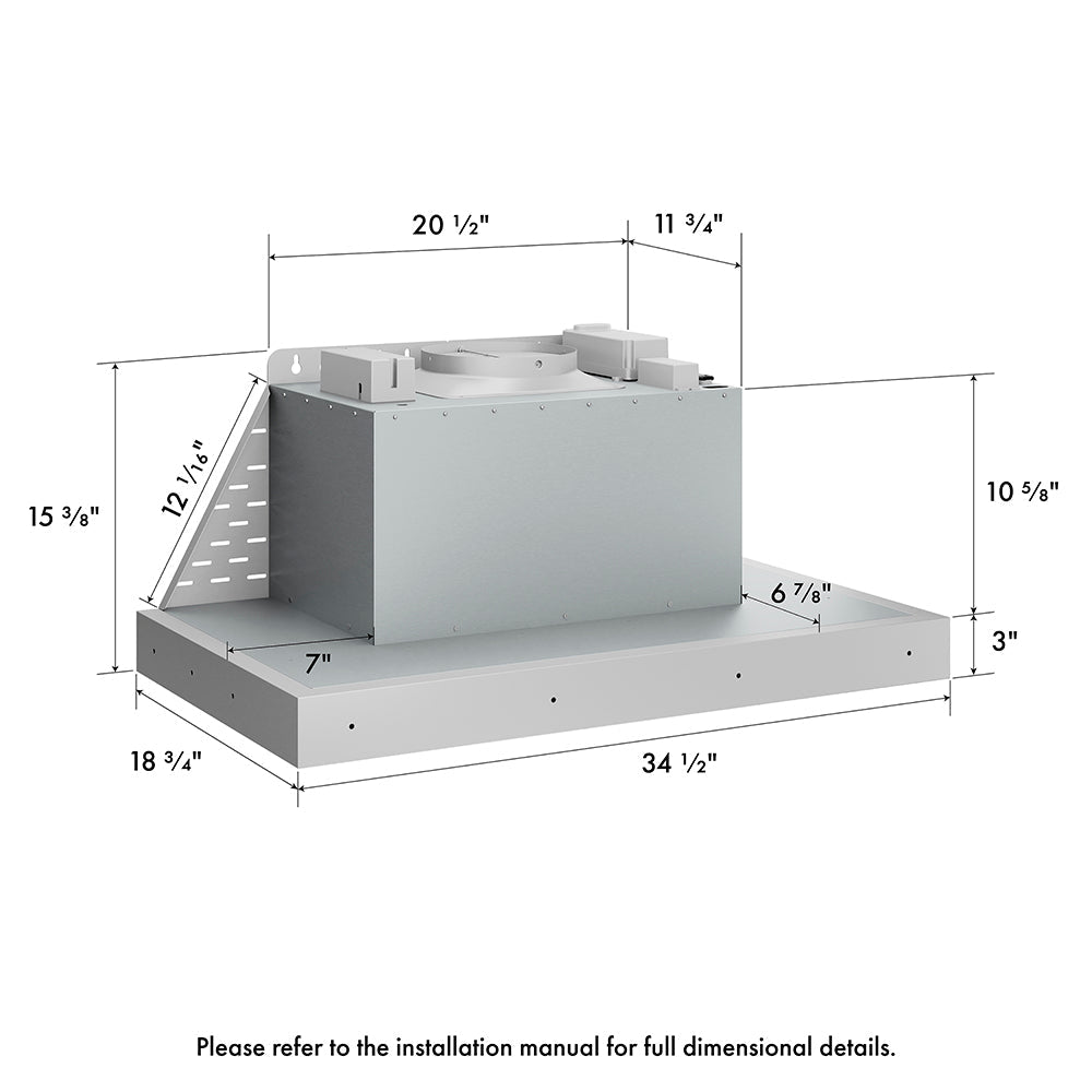 ZLINE 34 in. DuraMount™ Wall Mount Range Hood Insert in Stainless Steel (683-34) dimensional measurements.