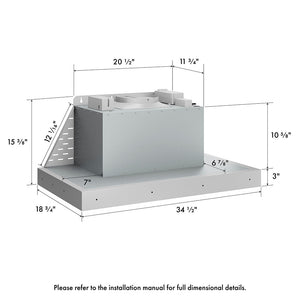 ZLINE 34 in. DuraMount™ Wall Mount Range Hood Insert in Stainless Steel (683-34) dimensional measurements.