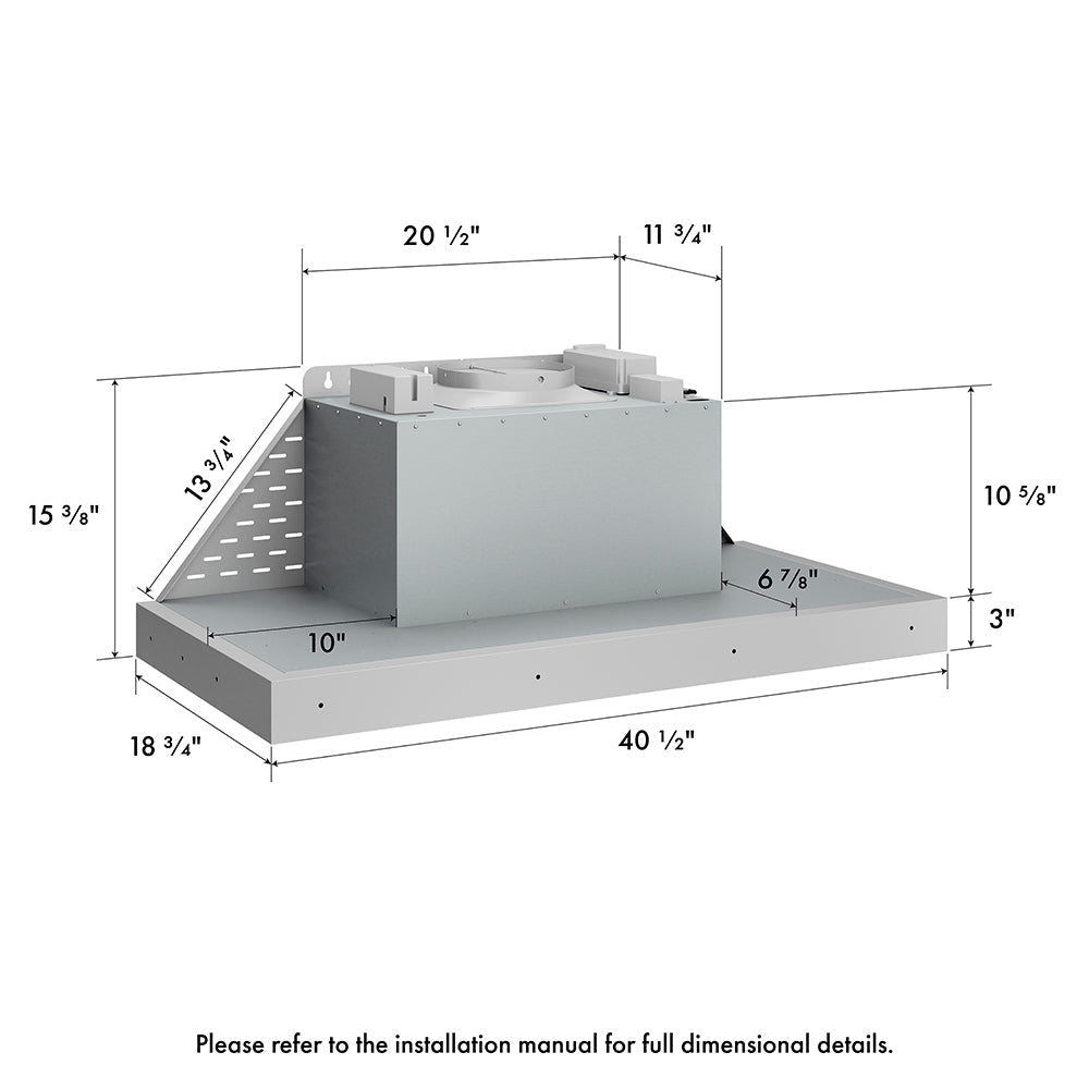 ZLINE 40 in. DuraMount™ Wall Mount Range Hood Insert in Stainless Steel (683-40) dimensional measurements.