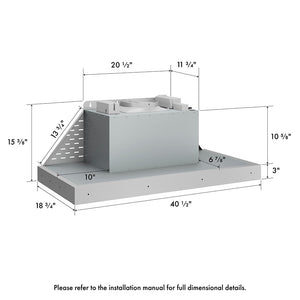 ZLINE 40 in. DuraMount™ Wall Mount Range Hood Insert in Stainless Steel (683-40) dimensional measurements.