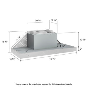 ZLINE 46 in. DuraMount™ Wall Mount Range Hood Insert in Stainless Steel (683-46) dimensional measurements.