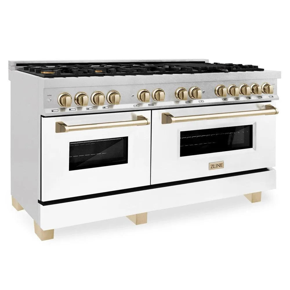 ZLINE Autograph Edition 60 in. 7.4 cu. ft. Legacy Dual Fuel Range with 9 Burner Gas Cooktop and 2 Electric Convection Ovens in Stainless Steel with White Matte Doors and Polished Gold Accents (RAZ-WM-60-G) main image.