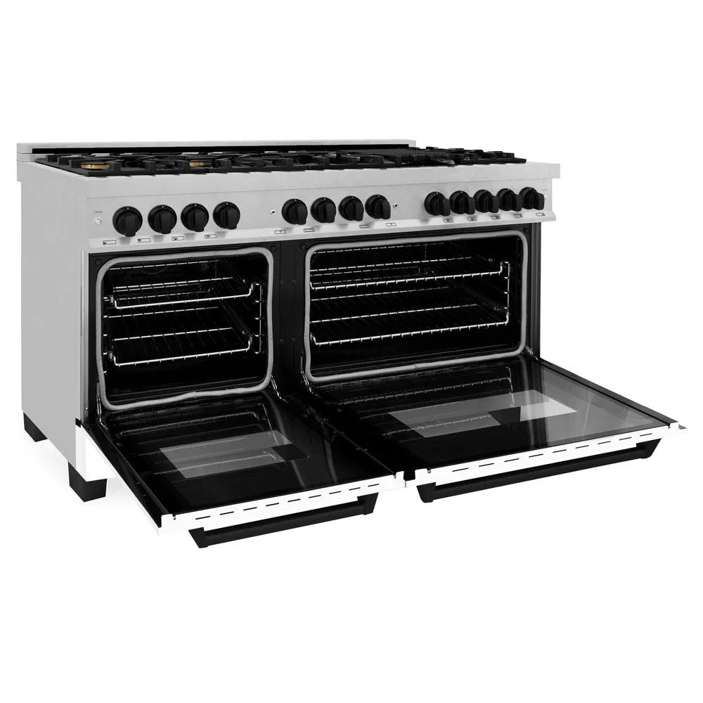 ZLINE Autograph Edition 60 in. 7.4 cu. ft. Legacy Dual Fuel Range with 9 Burner Gas Cooktop and 2 Electric Convection Ovens in Stainless Steel with White Matte Doors and Matte Black Accents (RAZ-WM-60-MB) side, oven open.