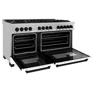 ZLINE Autograph Edition 60 in. 7.4 cu. ft. Legacy Dual Fuel Range with 9 Burner Gas Cooktop and 2 Electric Convection Ovens in Stainless Steel with White Matte Doors and Matte Black Accents (RAZ-WM-60-MB) side, oven open.