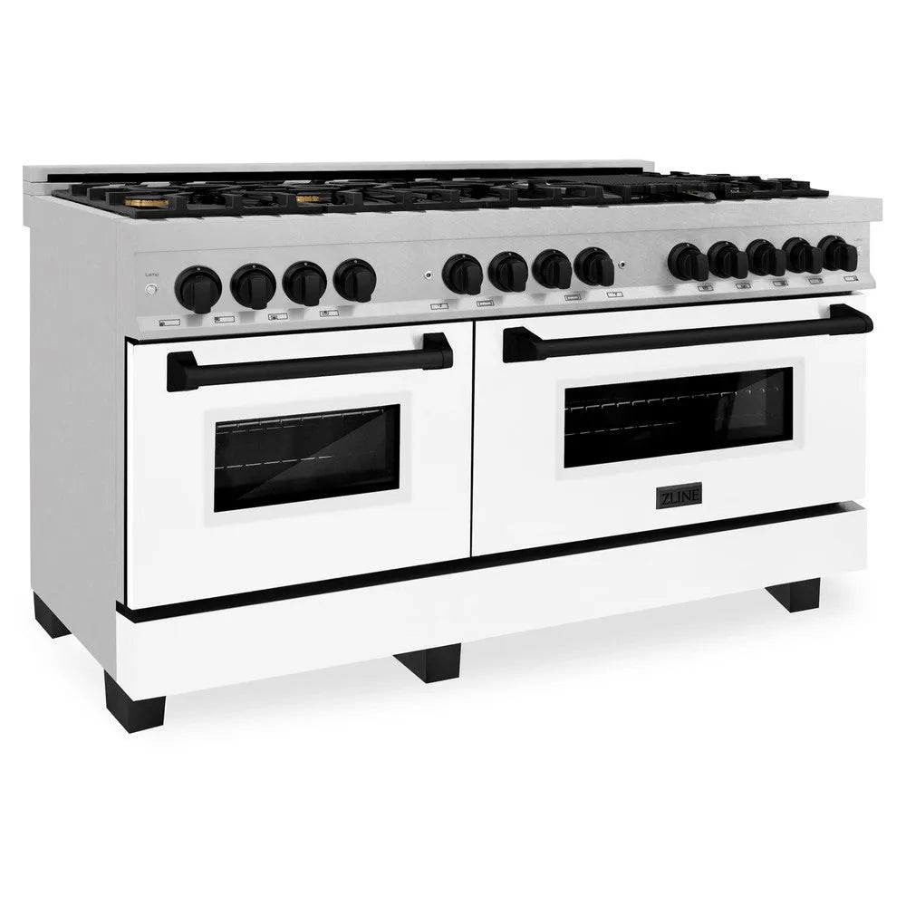 ZLINE Autograph Edition 60 in. 7.4 cu. ft. Legacy Dual Fuel Range with 9 Burner Gas Cooktop and 2 Electric Convection Ovens in Stainless Steel with White Matte Doors and Matte Black Accents (RAZ-WM-60-MB) main image.