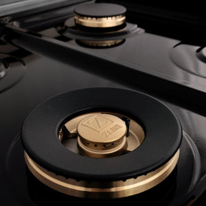 ZLINE 48 in. Legacy Gas Rangetop with 6 Brass Burners and Porcelain Cooktop in Satin Stainless Steel (RTS-BR-48) close-up, brass burners.