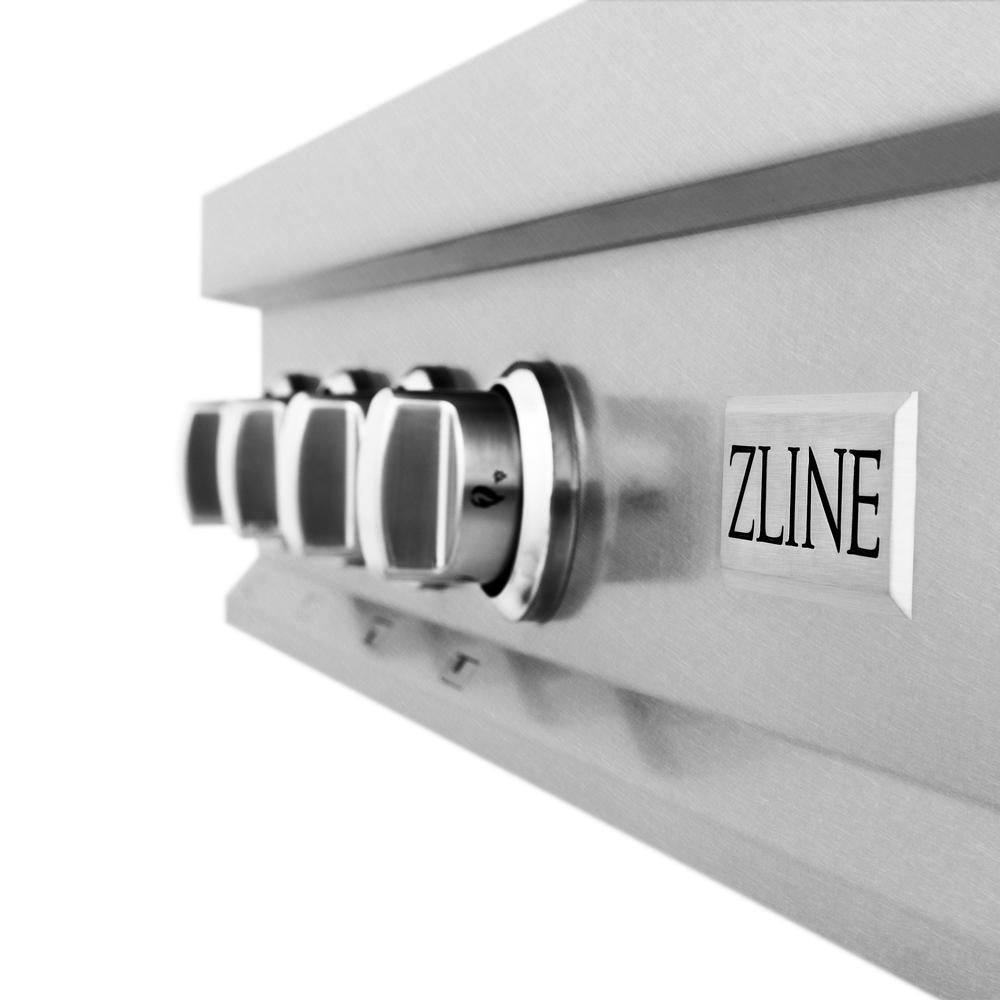 ZLINE 48 in. Legacy Gas Rangetop with 6 Brass Burners and Porcelain Cooktop in Satin Stainless Steel (RTS-BR-48) close-up, knobs.
