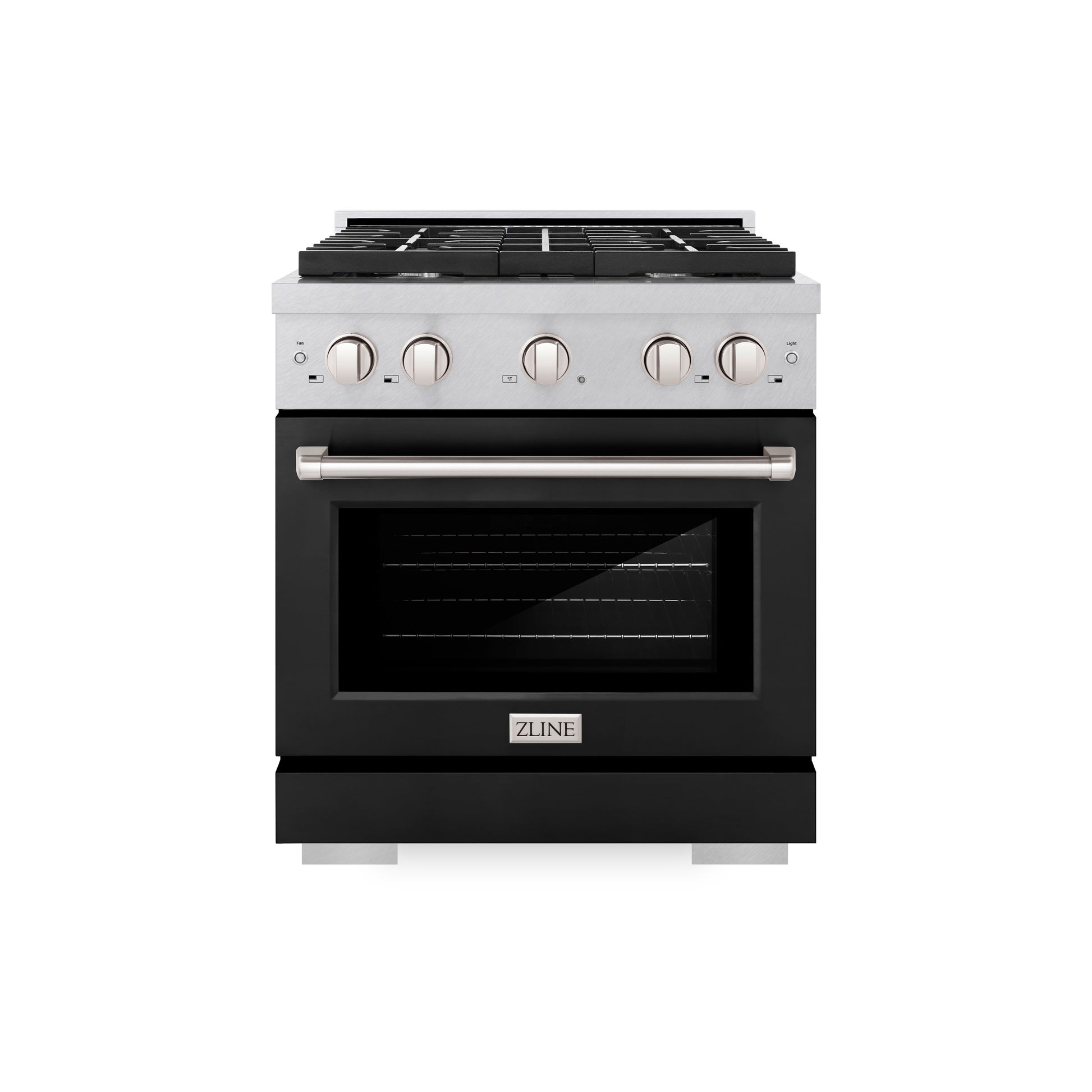 ZLINE 30 in. 4.2 cu. ft. Paramount Dual Fuel Range with 4 Burner Gas Cooktop and Electric Convection Oven in DuraSnow® Stainless Steel with Black Matte Door (SDRS-BLM-30) front.