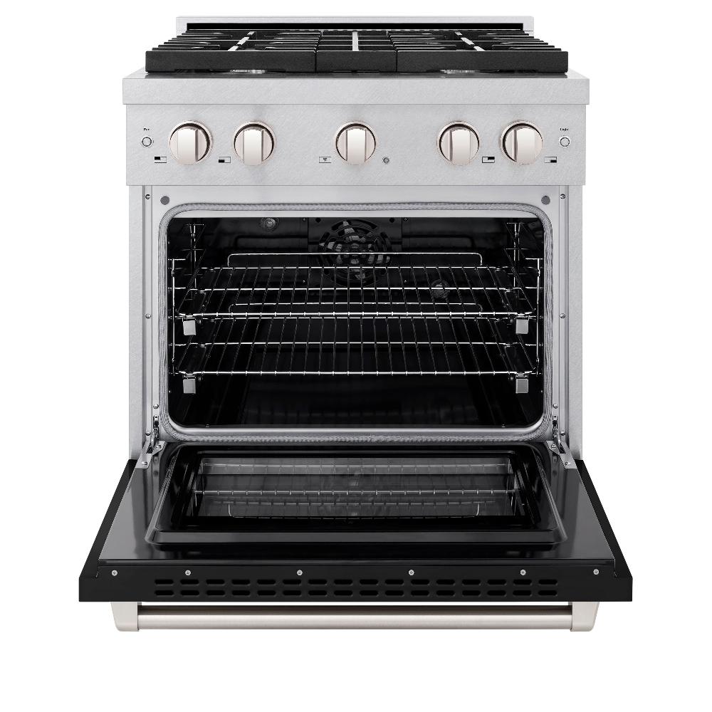 ZLINE 30 in. 4.2 cu. ft. Paramount Dual Fuel Range with 4 Burner Gas Cooktop and Electric Convection Oven in DuraSnow® Stainless Steel with Black Matte Door (SDRS-BLM-30) front, oven open.