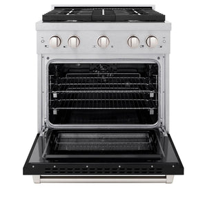 ZLINE 30 in. 4.2 cu. ft. Paramount Dual Fuel Range with 4 Burner Gas Cooktop and Electric Convection Oven in DuraSnow® Stainless Steel with Black Matte Door (SDRS-BLM-30) front, oven open.