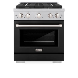 ZLINE 30 in. 4.2 cu. ft. Paramount Dual Fuel Range with 4 Burner Gas Cooktop and Electric Convection Oven in DuraSnow® Stainless Steel with Black Matte Door (SDRS-BLM-30) front, oven closed.