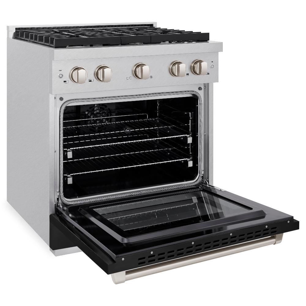 ZLINE 30 in. 4.2 cu. ft. Paramount Dual Fuel Range with 4 Burner Gas Cooktop and Electric Convection Oven in DuraSnow® Stainless Steel with Black Matte Door (SDRS-BLM-30) side, oven open.