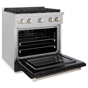 ZLINE 30 in. 4.2 cu. ft. Paramount Dual Fuel Range with 4 Burner Gas Cooktop and Electric Convection Oven in DuraSnow® Stainless Steel with Black Matte Door (SDRS-BLM-30) side, oven open.