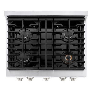 ZLINE 30 in. 4.2 cu. ft. Paramount Dual Fuel Range with 4 Burner Gas Cooktop and Electric Convection Oven in DuraSnow® Stainless Steel with Black Matte Door (SDRS-BLM-30) top-down, above cooktop.