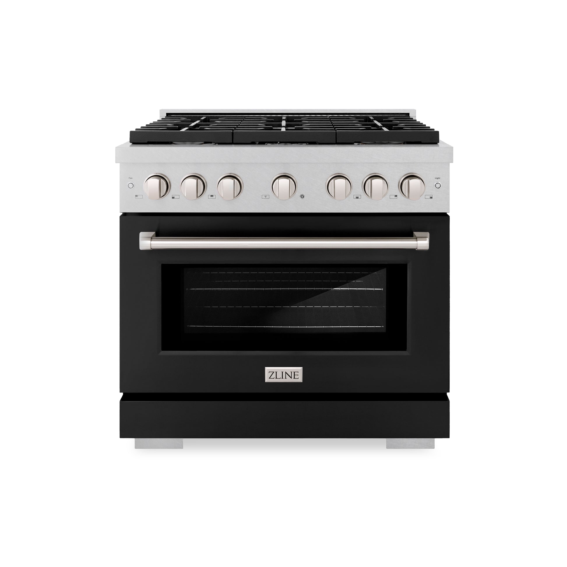 ZLINE 36 in. 5.2 cu. ft. Paramount Dual Fuel Range with 6 Burner Gas Cooktop and Electric Convection Oven in DuraSnow® Stainless Steel with Black Matte Door (SDRS-BLM-36) front.