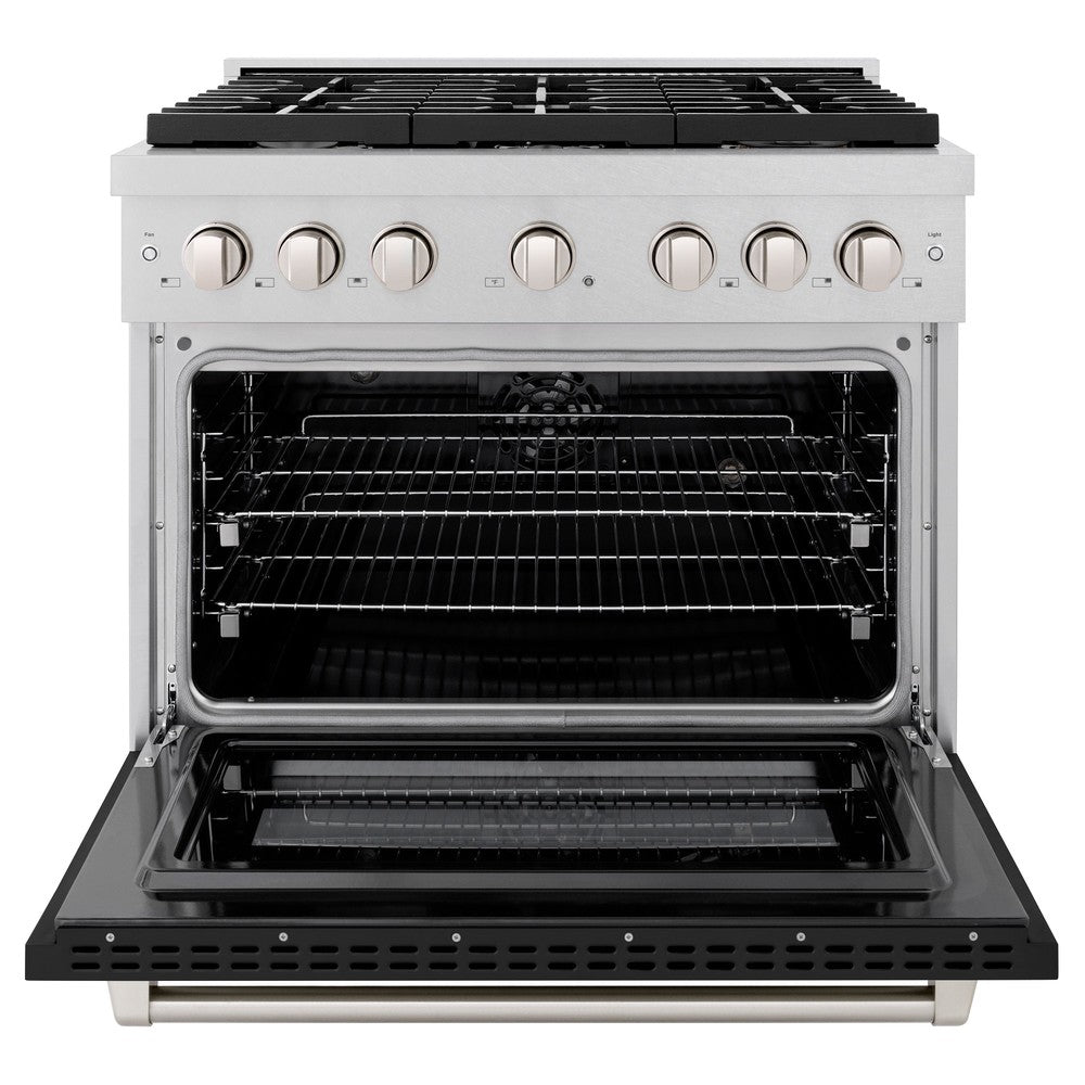 ZLINE 36 in. 5.2 cu. ft. Paramount Dual Fuel Range with 6 Burner Gas Cooktop and Electric Convection Oven in DuraSnow® Stainless Steel with Black Matte Door (SDRS-BLM-36) front, oven open.