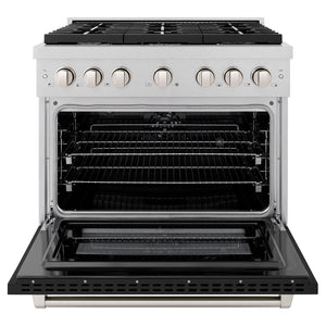 ZLINE 36 in. 5.2 cu. ft. Paramount Dual Fuel Range with 6 Burner Gas Cooktop and Electric Convection Oven in DuraSnow® Stainless Steel with Black Matte Door (SDRS-BLM-36) front, oven open.