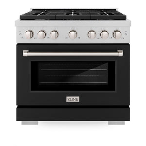 ZLINE 36 in. 5.2 cu. ft. Paramount Dual Fuel Range with 6 Burner Gas Cooktop and Electric Convection Oven in DuraSnow® Stainless Steel with Black Matte Door (SDRS-BLM-36) front, oven closed.