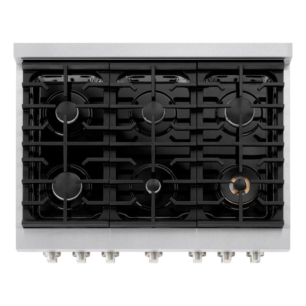 ZLINE 36 in. 5.2 cu. ft. Paramount Dual Fuel Range with 6 Burner Gas Cooktop and Electric Convection Oven in DuraSnow® Stainless Steel with Black Matte Door (SDRS-BLM-36) above, top-down view of gas cooktop.