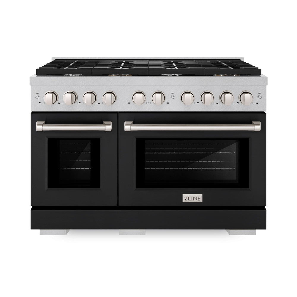 ZLINE 48 in. 6.7 cu. ft. Paramount Double Oven Dual Fuel Range with 8 Burner Gas Cooktop in DuraSnow® Stainless Steel with Black Matte Doors (SDRS-BLM-48) front.