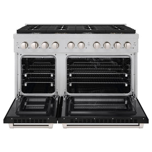 ZLINE 48 in. 6.7 cu. ft. Paramount Double Oven Dual Fuel Range with 8 Burner Gas Cooktop in DuraSnow® Stainless Steel with Black Matte Doors (SDRS-BLM-48) front, oven open.