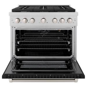 ZLINE 36 in. 5.2 cu. ft. 6 Burner Gas Range with Convection Gas Oven in DuraSnow® Stainless Steel with Black Matte Door (SGRS-BLM-36) front, oven open.