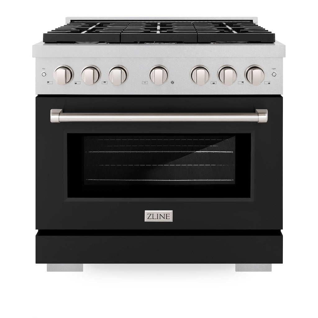 ZLINE 36 in. 5.2 cu. ft. 6 Burner Gas Range with Convection Gas Oven in DuraSnow® Stainless Steel with Black Matte Door (SGRS-BLM-36) front, oven closed.