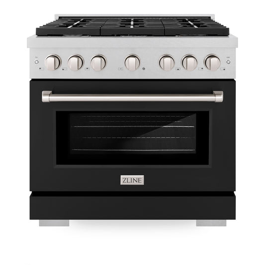 ZLINE 36 in. 5.2 cu. ft. 6 Burner Gas Range with Convection Gas Oven in DuraSnow® Stainless Steel with Black Matte Door (SGRS-BLM-36) front, oven closed.