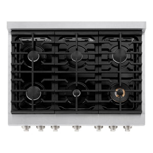 ZLINE 36 in. 5.2 cu. ft. 6 Burner Gas Range with Convection Gas Oven in DuraSnow® Stainless Steel with Black Matte Door (SGRS-BLM-36) from above, showing gas burners, black porcelain cooktop, and cast-iron grates.