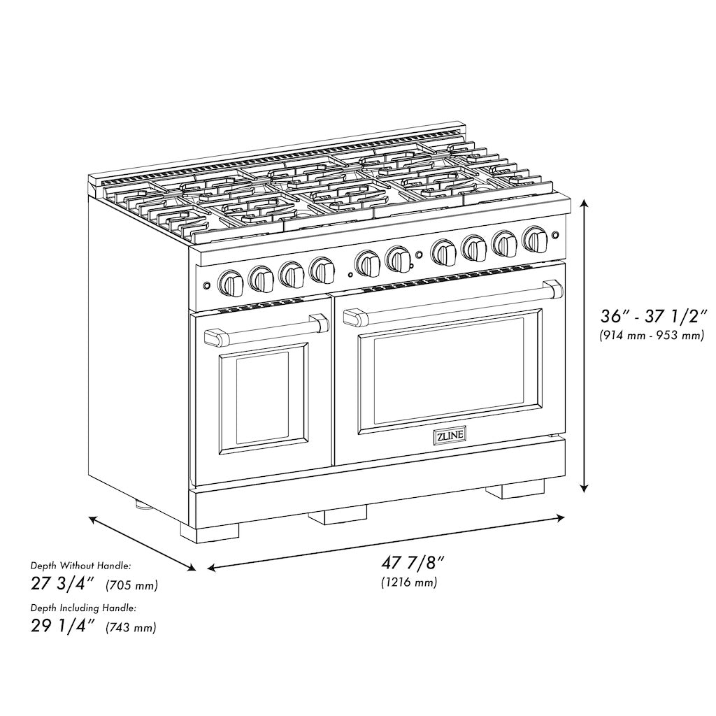 ZLINE 48 in. 6.7 cu. ft. 8 Burner Double Oven Gas Range in DuraSnow® Stainless Steel with Black Matte Doors (SGRS-BLM-48) dimensional diagram.