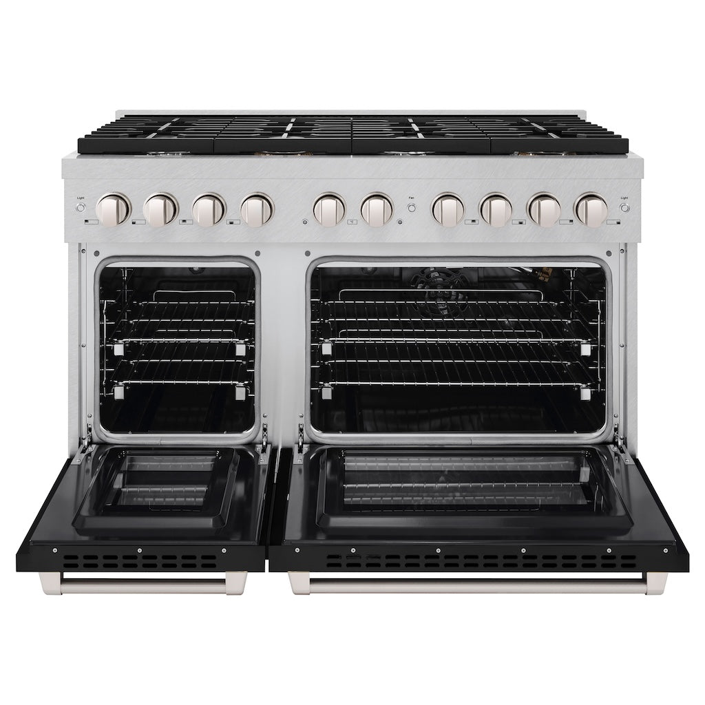 ZLINE 48 in. 6.7 cu. ft. 8 Burner Double Oven Gas Range in DuraSnow® Stainless Steel with Black Matte Doors (SGRS-BLM-48) front, oven open.