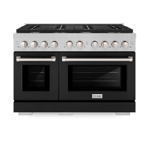 ZLINE 48 in. 6.7 cu. ft. 8 Burner Double Oven Gas Range in DuraSnow® Stainless Steel with Black Matte Doors (SGRS-BLM-48) front, oven closed.