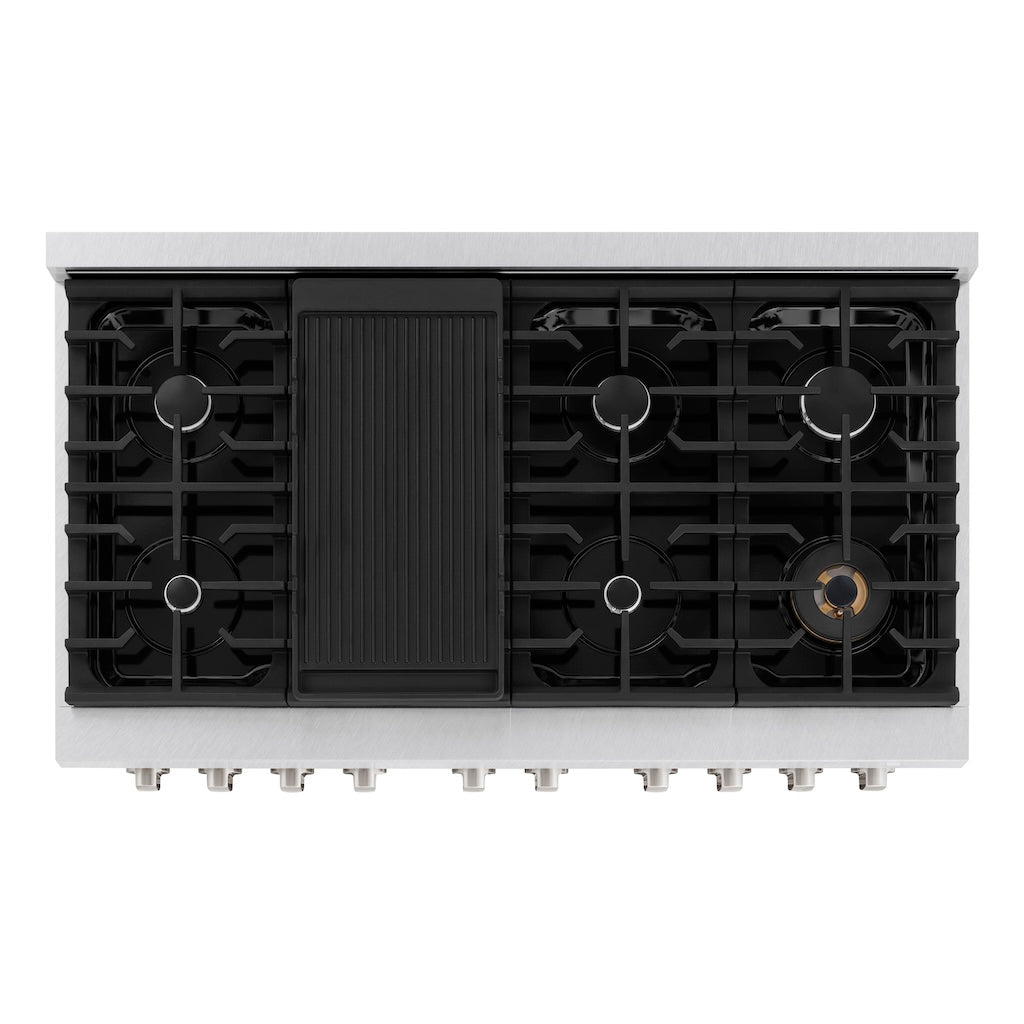 ZLINE 48 in. 6.7 cu. ft. 8 Burner Double Oven Gas Range in DuraSnow® Stainless Steel with Black Matte Doors (SGRS-BLM-48) from above, showing gas burners, black porcelain cooktop, and cast-iron grates.