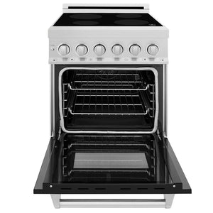 ZLINE 24 in. 2.8 cu. ft. Legacy Induction Range with 4 Element Cooktop and Electric Oven in DuraSnow® Stainless Steel and Black Matte Door (RAINDS-BLM-24) front, oven open.