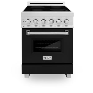 ZLINE 24 in. 2.8 cu. ft. Legacy Induction Range with 4 Element Cooktop and Electric Oven in DuraSnow® Stainless Steel and Black Matte Door (RAINDS-BLM-24) front, oven closed.